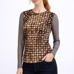 Petit Pois by Viviana G Mesh Stretch Velour Pullover Brown Gray Top